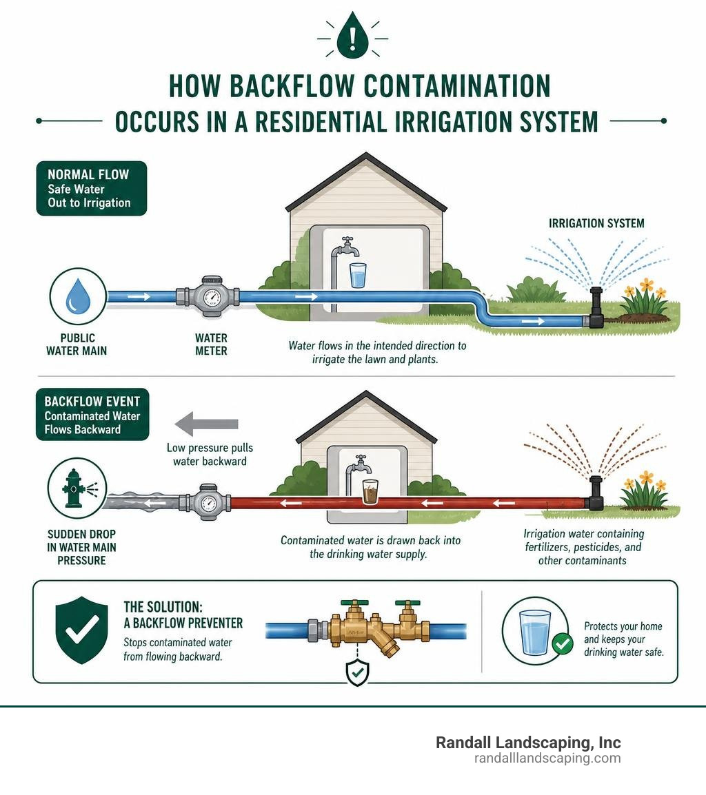 Infographic showing how backflow contamination occurs in a residential irrigation system infographic Infographic showing how backflow contamination occurs in a residential irrigation system infographic