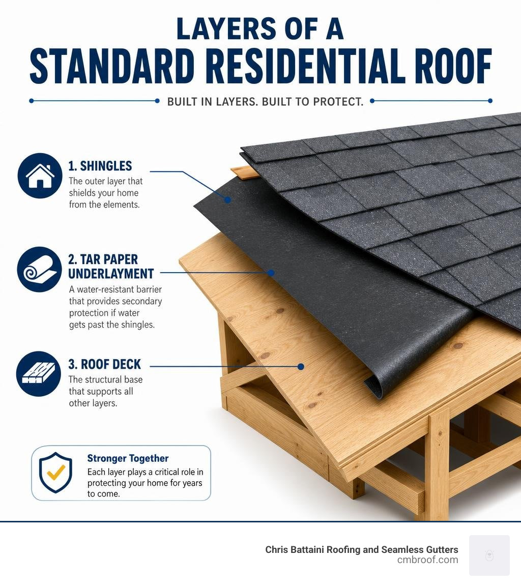 Infographic showing the layers of a standard residential roof including deck, tar paper underlayment, and shingles