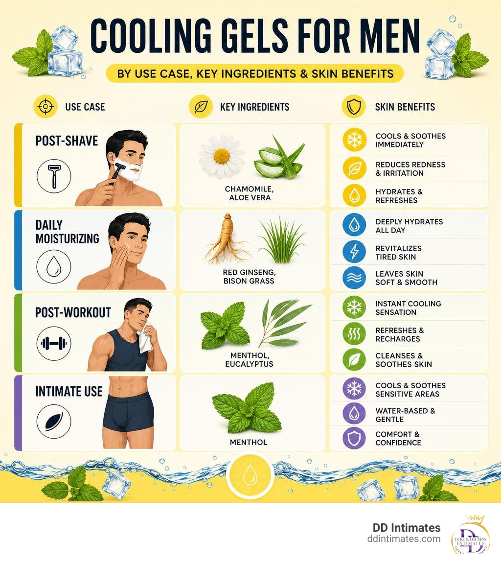 Infographic showing types of cooling gels for men by use case, key ingredients, and skin benefits infographic