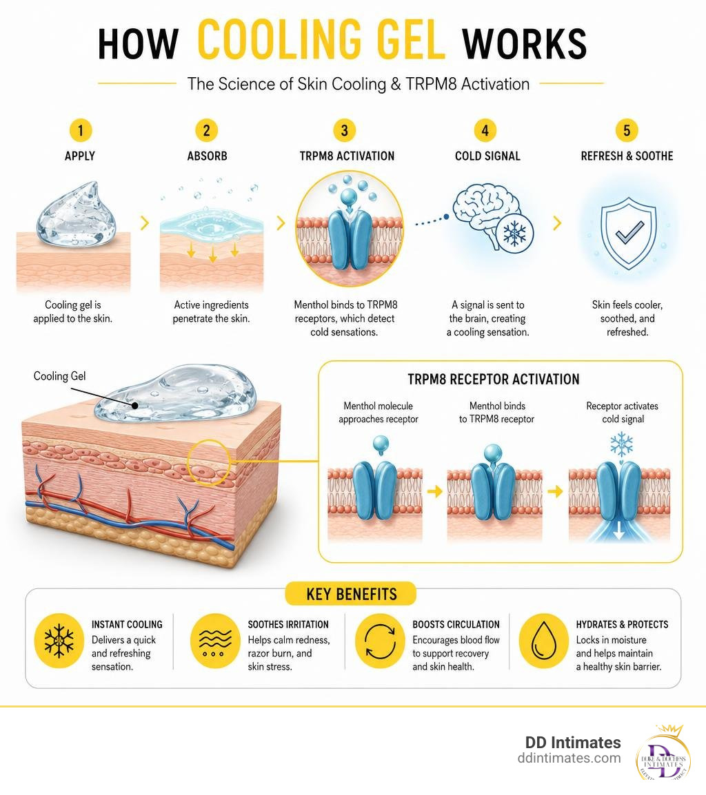 Infographic explaining the skin-cooling process and TRPM8 receptor activation infographic