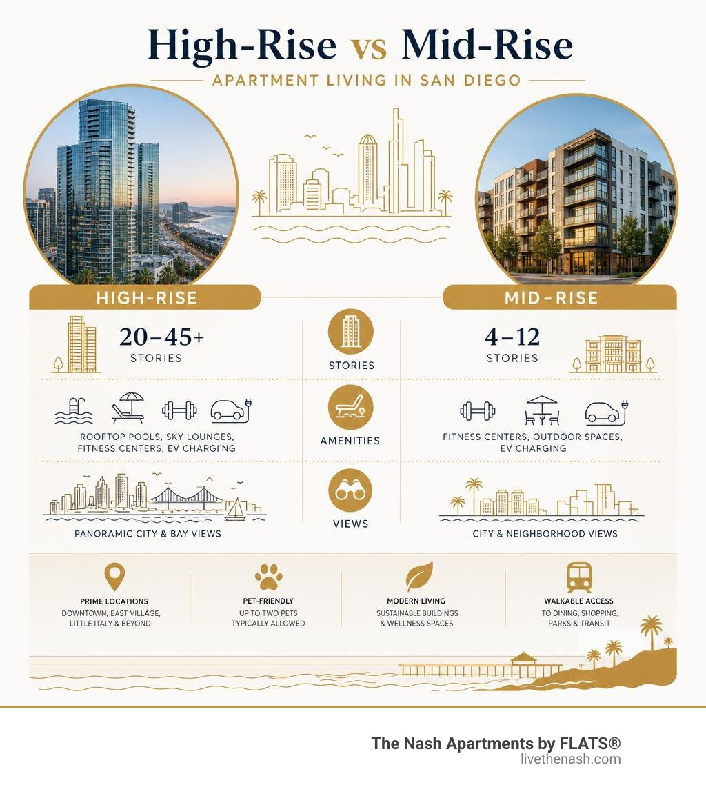 Infographic comparing high-rise vs mid-rise apartment features in San Diego including stories, amenities, and views