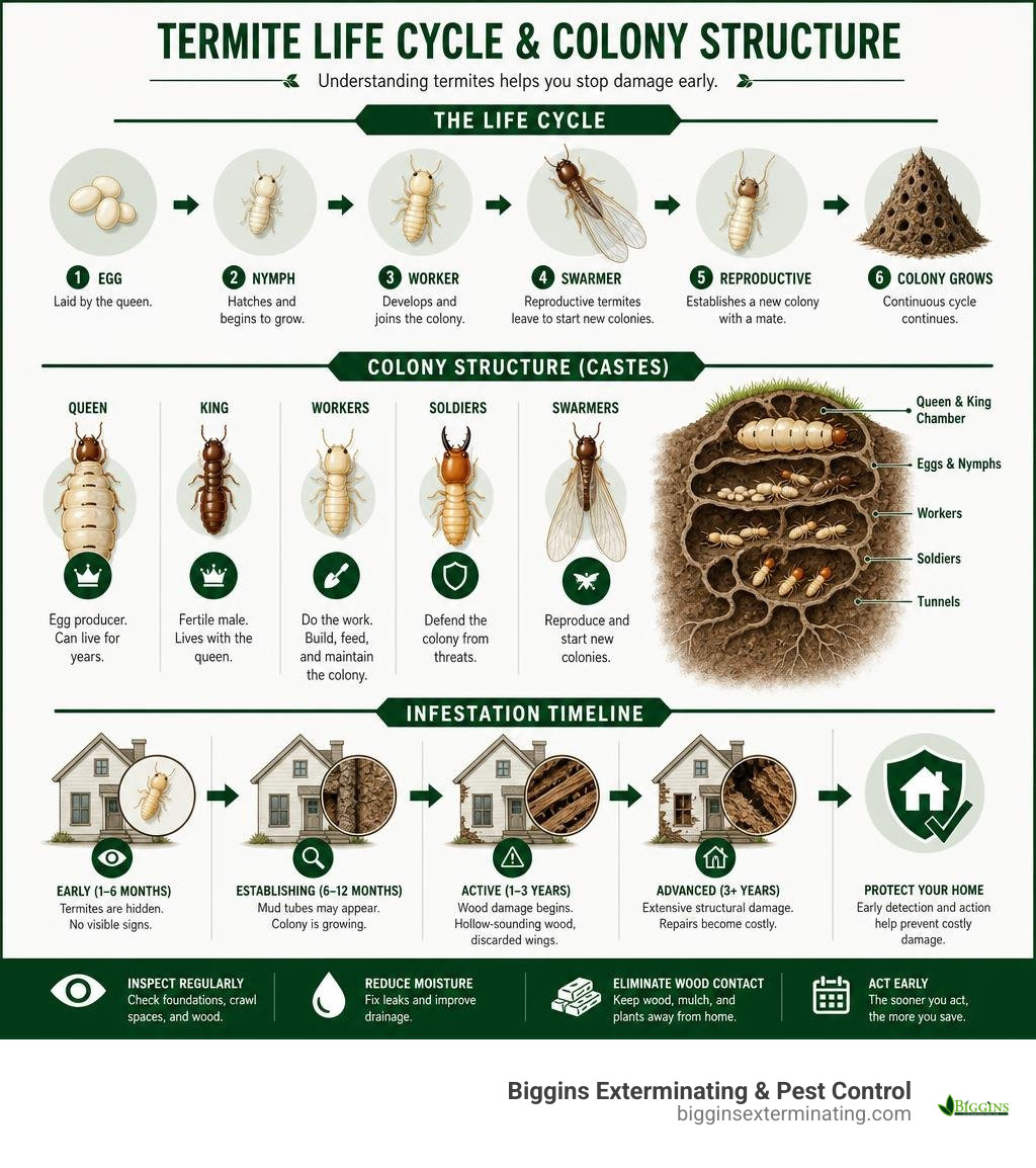 Termite life cycle and colony structure infographic showing castes, stages, and infestation timeline infographic Termite life cycle and colony structure infographic showing castes, stages, and infestation timeline infographic