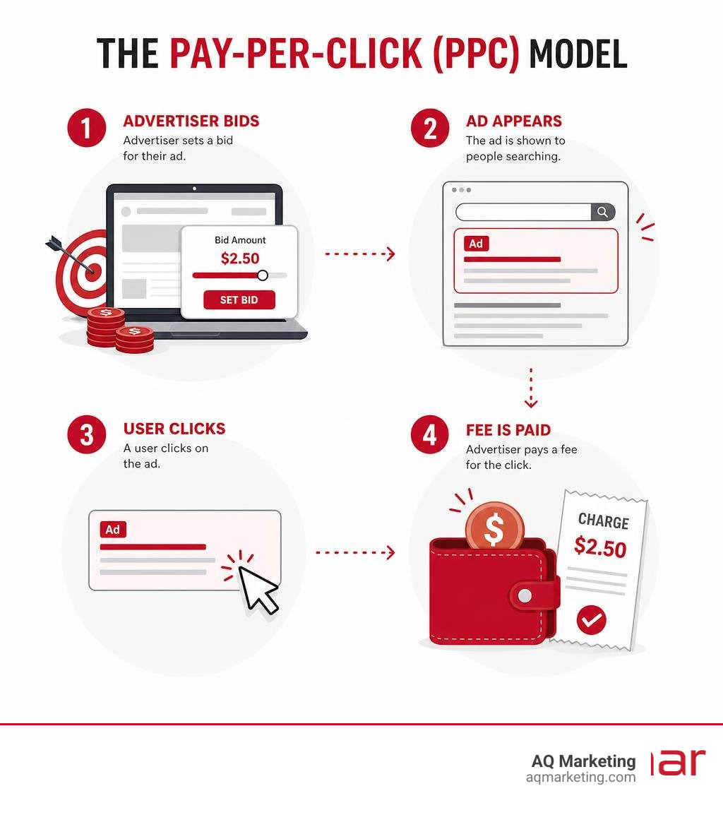 Infographic showing the basic pay-per-click model: advertiser bids, ad appears, user clicks, fee is paid infographic Infographic showing the basic pay-per-click model: advertiser bids, ad appears, user clicks, fee is paid infographic