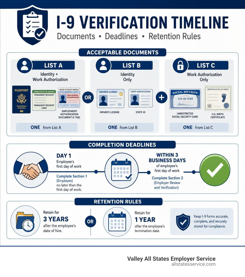 I-9 verification timeline infographic showing document lists, completion deadlines, and retention rules infographic