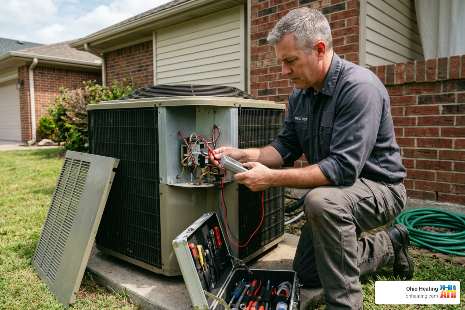 An Ohio Heating technician wearing work gloves and a branded shirt replacing a capacitor