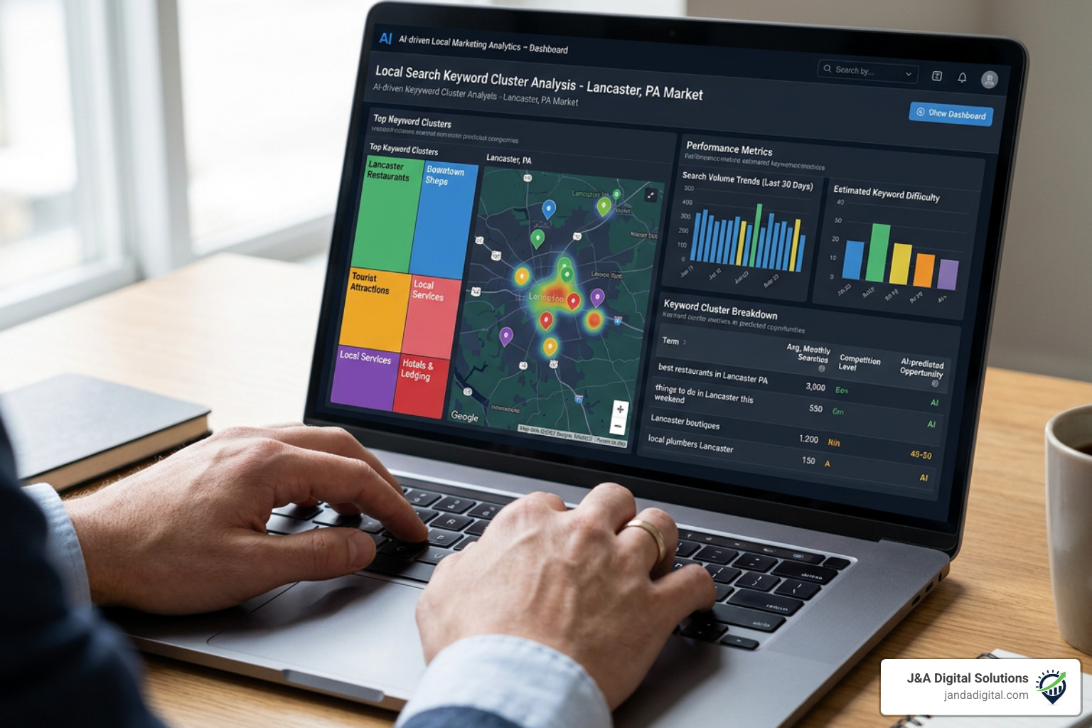 AI-driven marketing dashboard showing local search keyword clusters