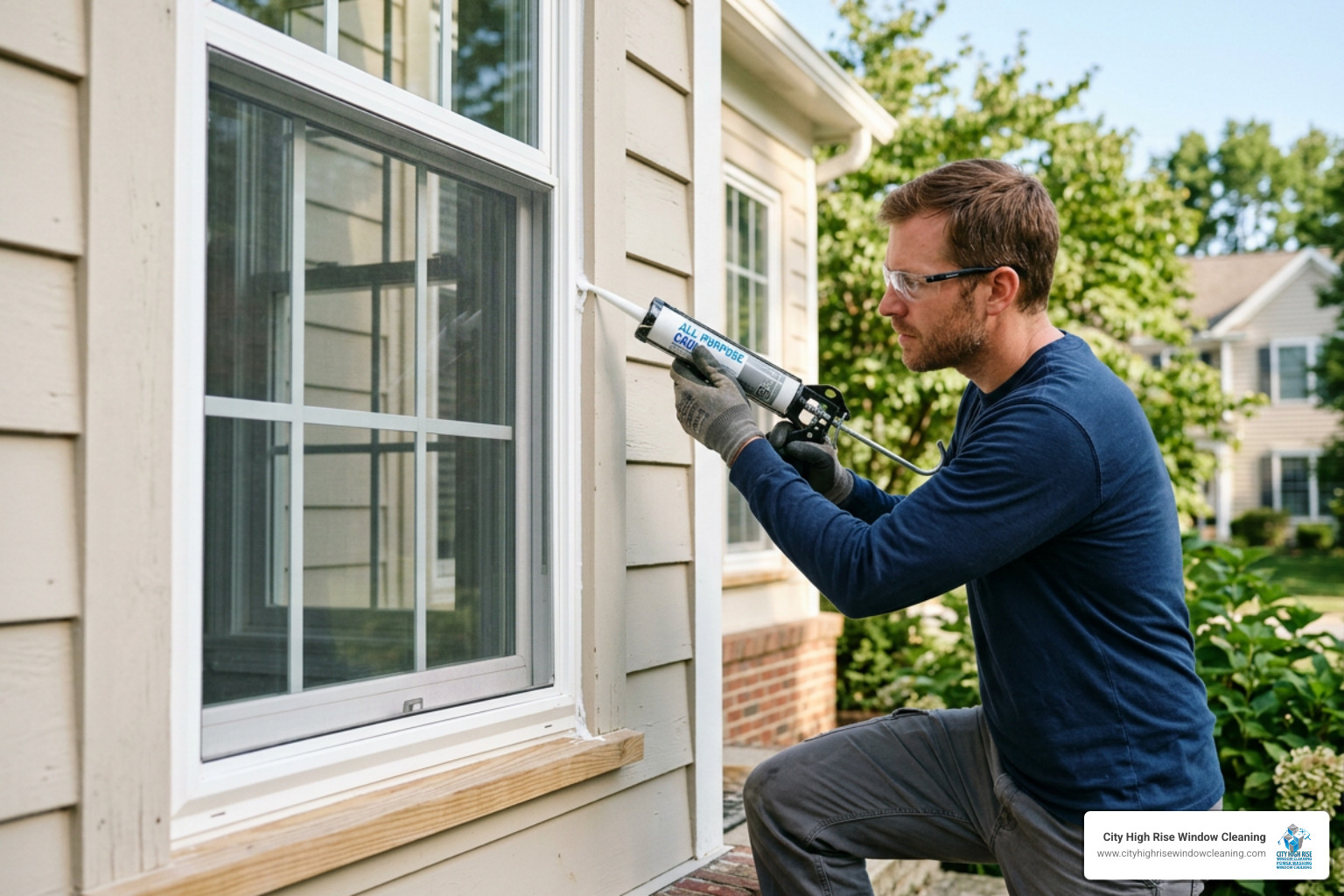 Applying caulk at a 45-degree angle around an exterior window frame Applying caulk at a 45-degree angle around an exterior window frame