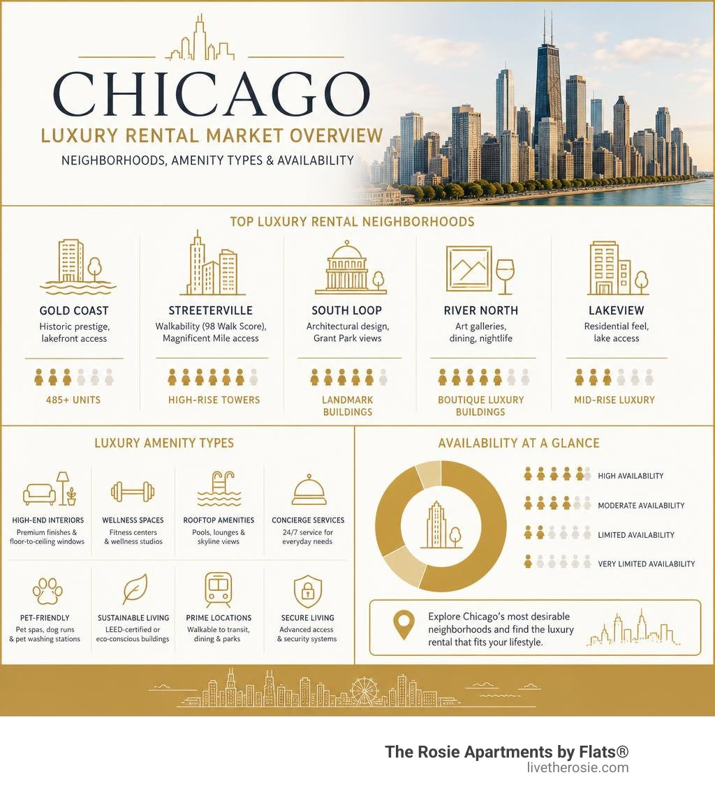 Chicago luxury rental market overview infographic with neighborhoods, amenity types, and availability infographic