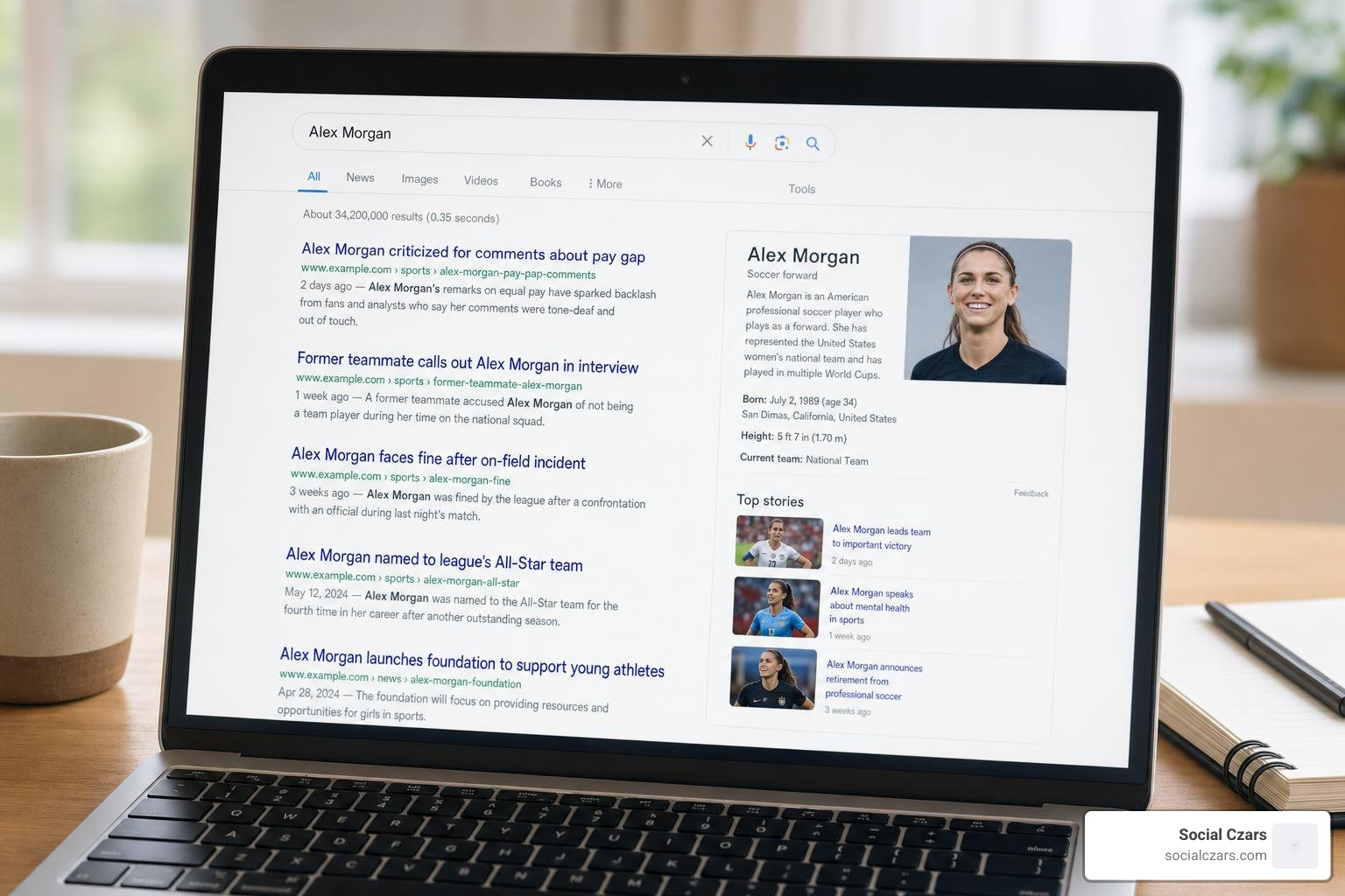 Search engine results page mockup showing negative and positive results
