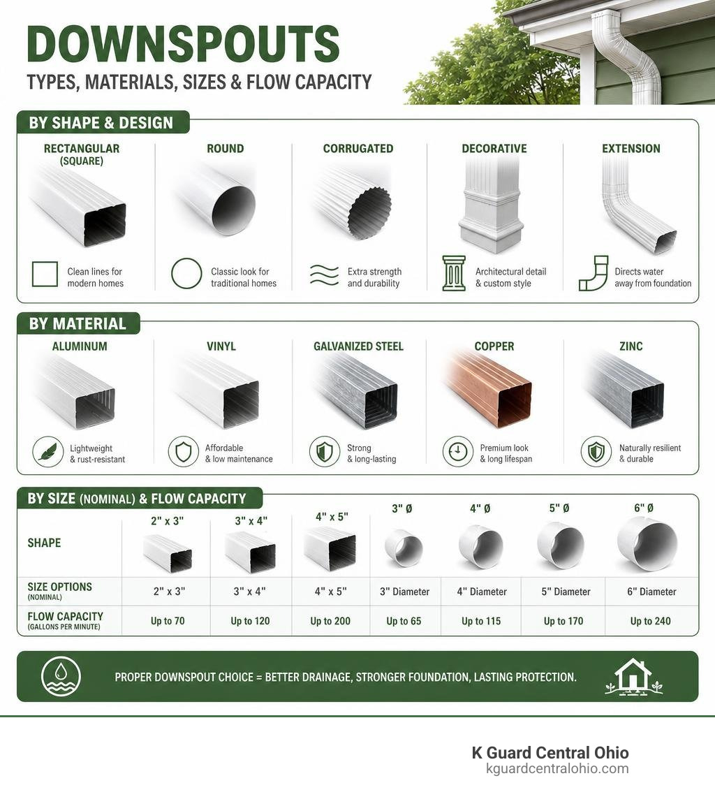 infographic showing different types of downspouts by shape, material, and sizing with flow capacity infographic infographic showing different types of downspouts by shape, material, and sizing with flow capacity infographic