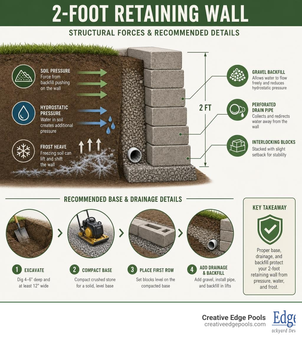 Infographic showing structural forces on a 2 foot retaining wall including soil pressure, hydrostatic pressure, and frost