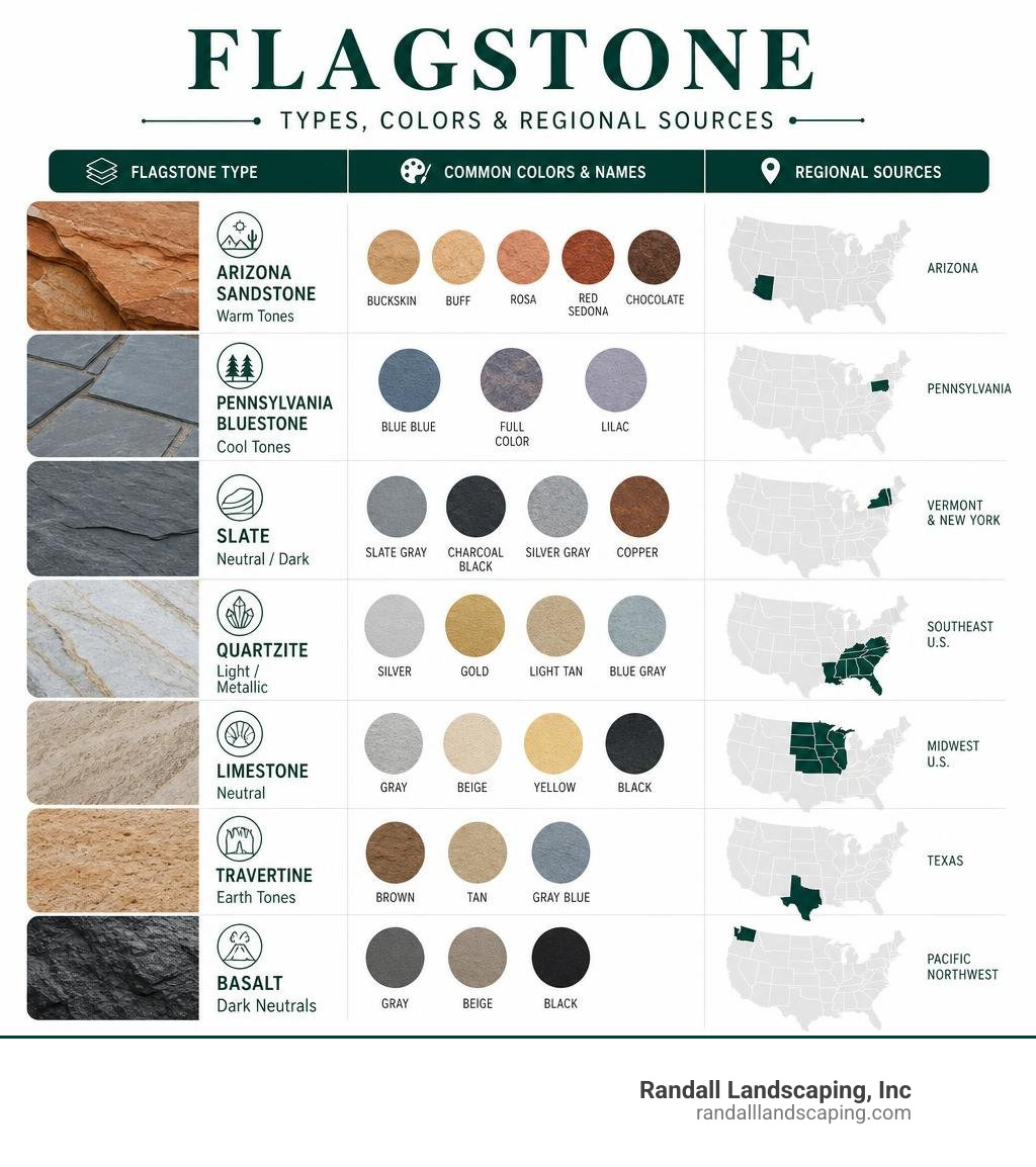 Infographic showing flagstone types, color names, and regional sources infographic Infographic showing flagstone types, color names, and regional sources infographic
