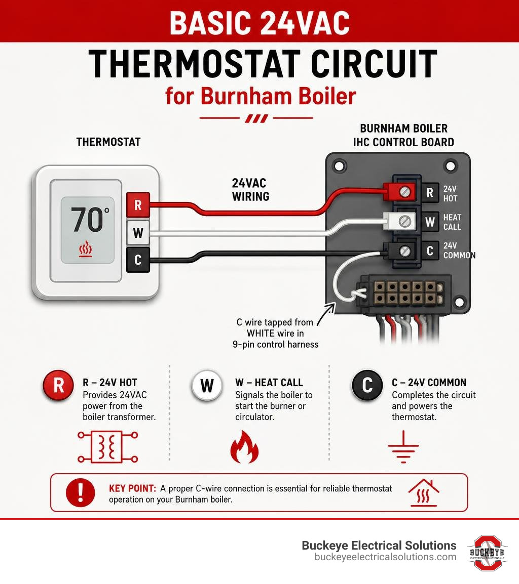 Basic 24VAC thermostat circuit for Burnham boiler showing R, W, and C wire connections infographic