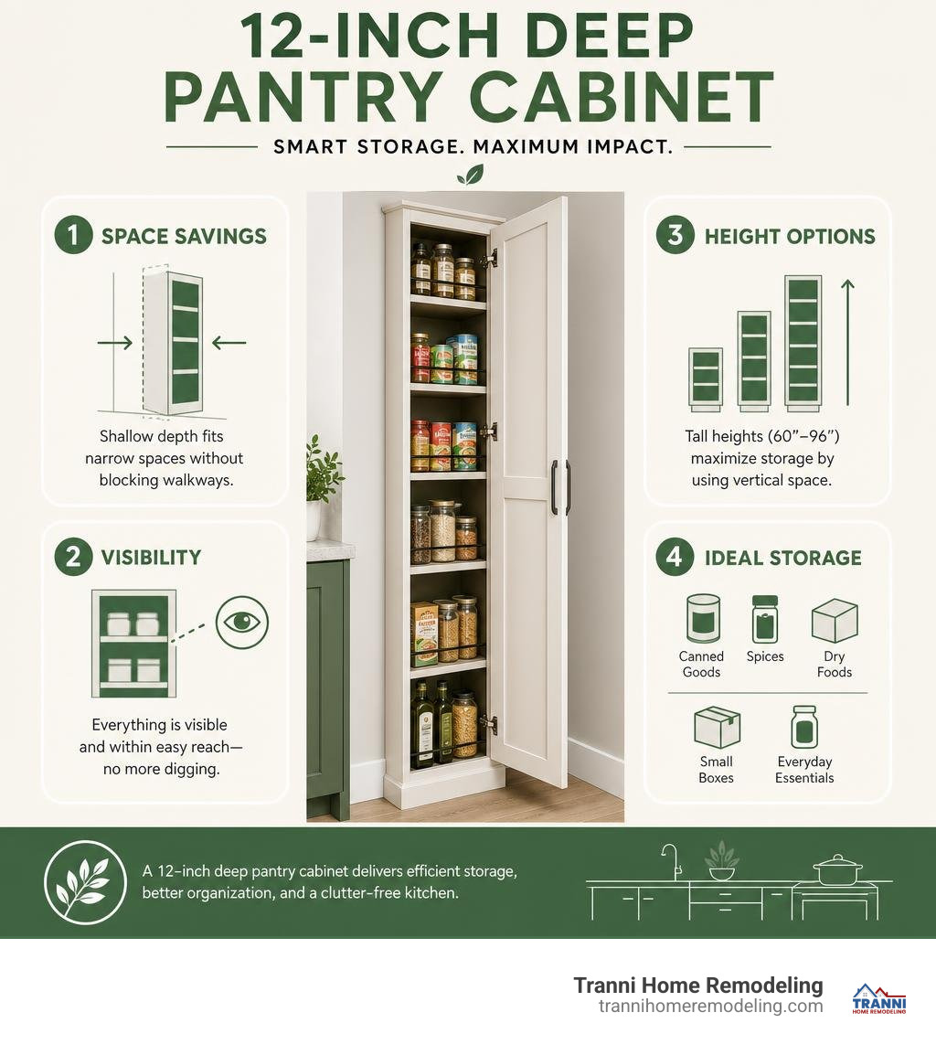 Infographic showing 12-inch deep pantry cabinet benefits: space savings, visibility, height options, and ideal storage items