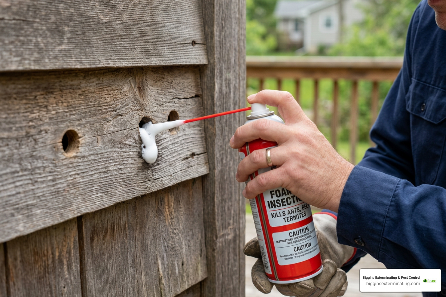applying foaming aerosol to a wood hole