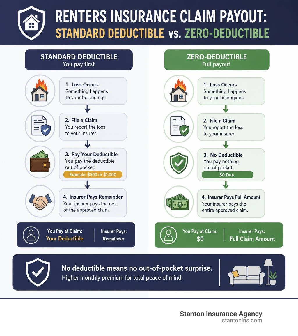 Flow chart comparing standard deductible claim payout vs. zero-deductible full payout for renters insurance infographic