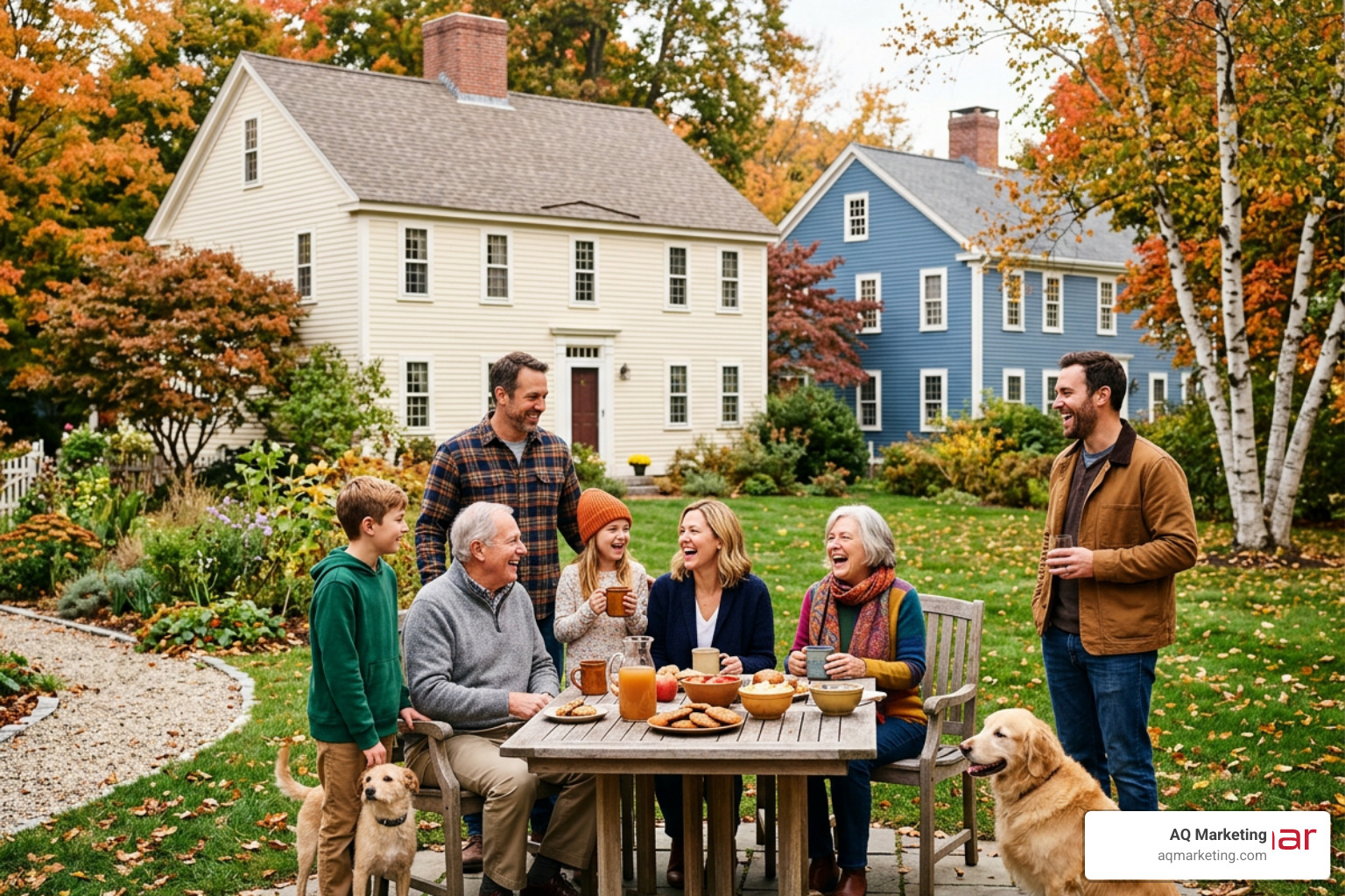 A happy family enjoying their backyard in a historic Massachusetts neighborhood, representing a key demographic for local A happy family enjoying their backyard in a historic Massachusetts neighborhood, representing a key demographic for local