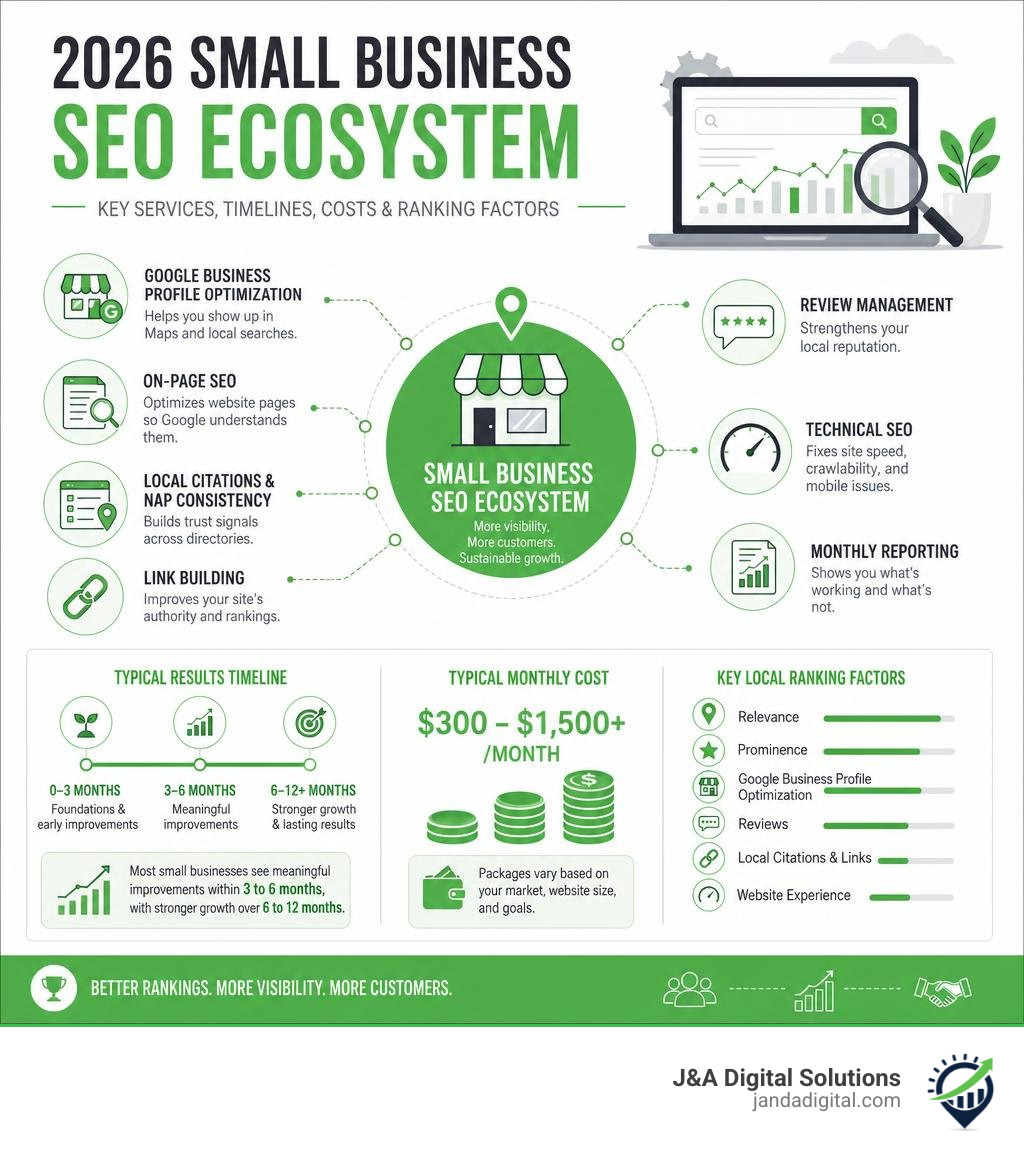 2026 small business SEO ecosystem infographic with key services, timelines, costs, and ranking factors infographic 2026 small business SEO ecosystem infographic with key services, timelines, costs, and ranking factors infographic