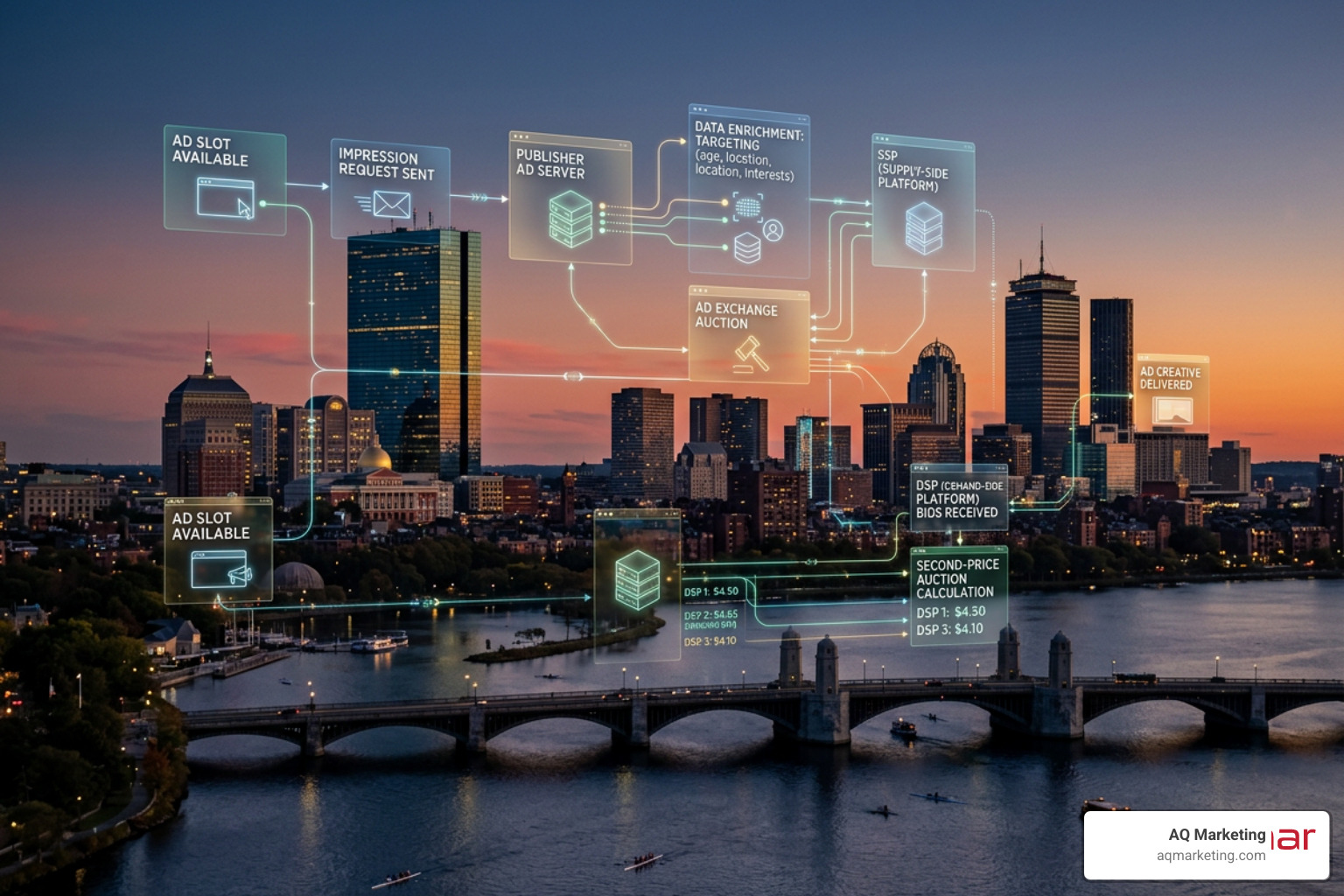 PPC real-time auction process diagram with Boston landmarks background PPC real-time auction process diagram with Boston landmarks background