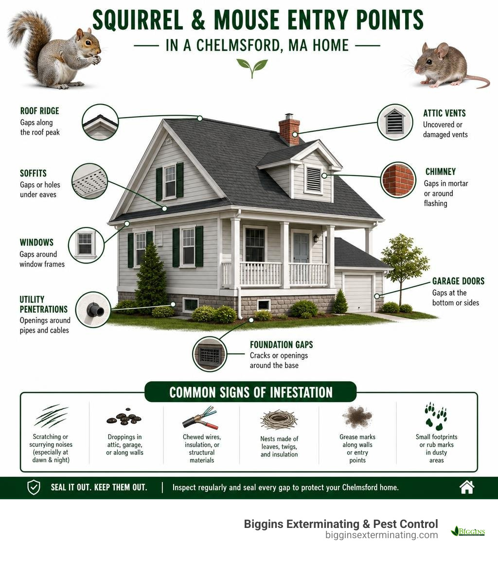 Infographic showing squirrel and mouse entry points in a Chelmsford MA home with common signs of infestation infographic