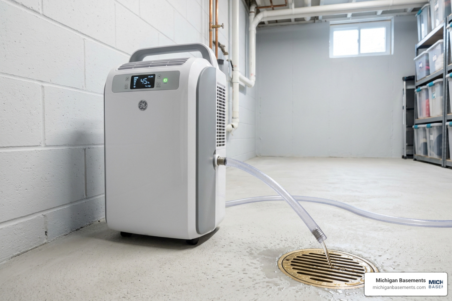 dehumidifier draining continuously in a clean basement