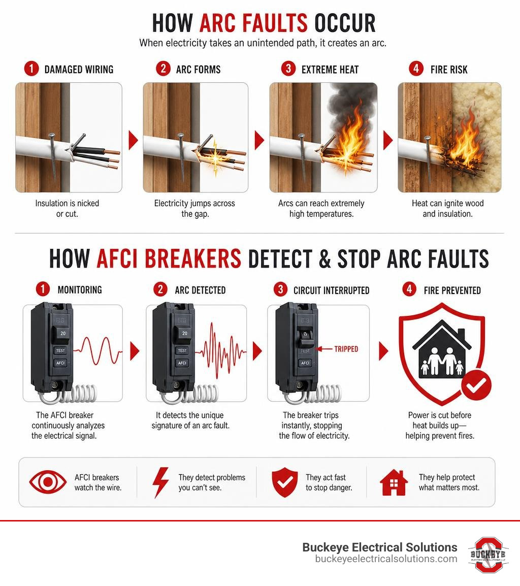 Infographic showing how arc faults occur in home wiring and how AFCI breakers detect and stop them infographic