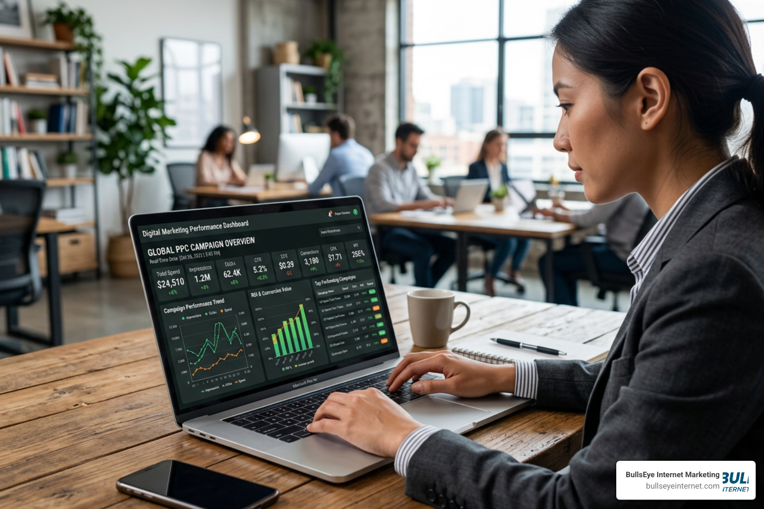 Digital marketing dashboard showing real-time PPC campaign performance and ROI metrics Digital marketing dashboard showing real-time PPC campaign performance and ROI metrics