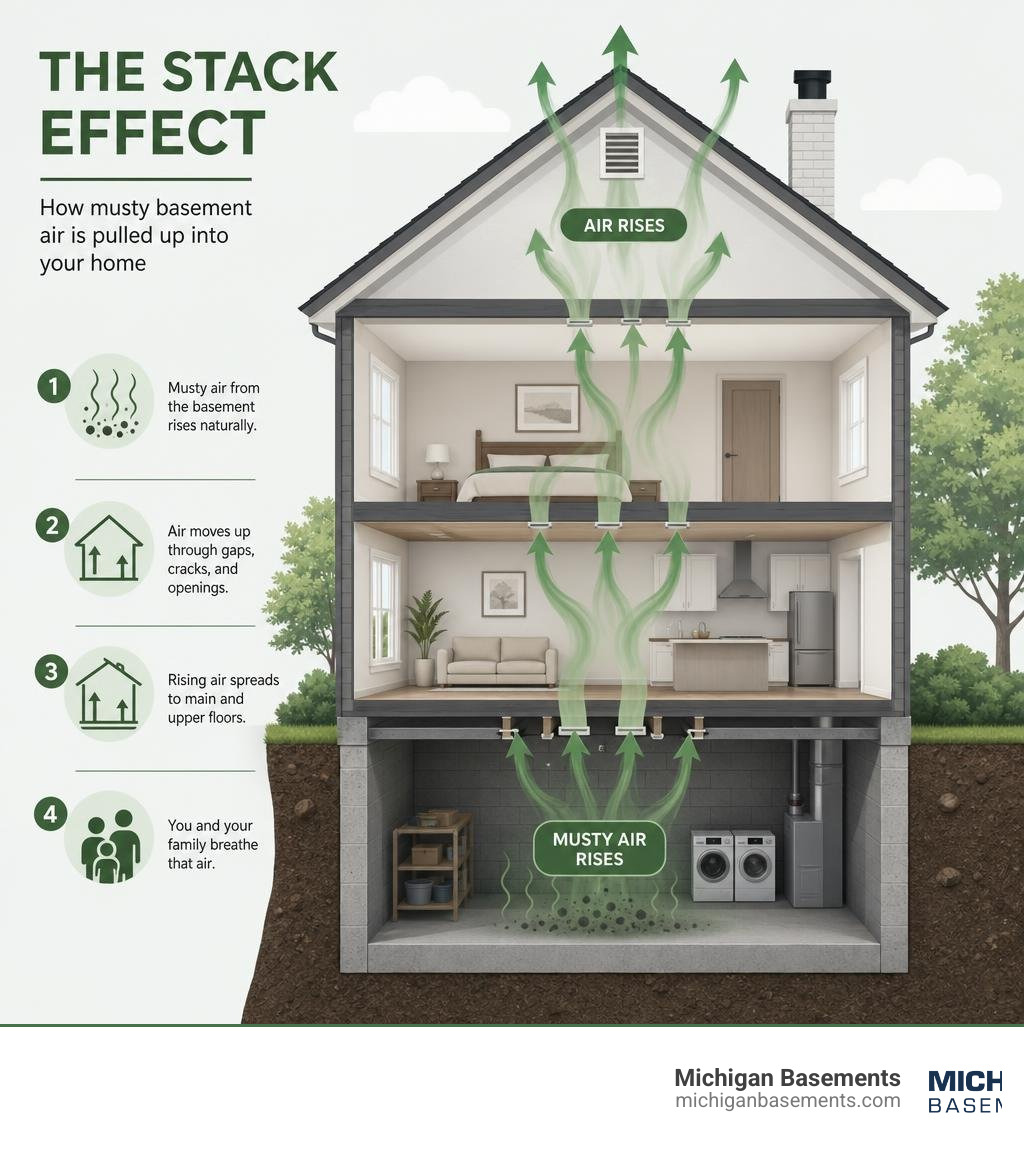 infographic showing stack effect pulling musty basement air to upper floors of a home infographic