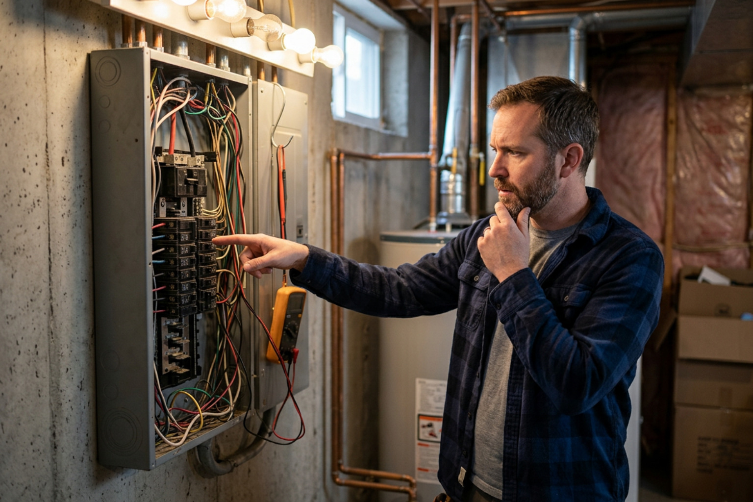 homeowner pointing to crowded electrical panel with flickering lights homeowner pointing to crowded electrical panel with flickering lights