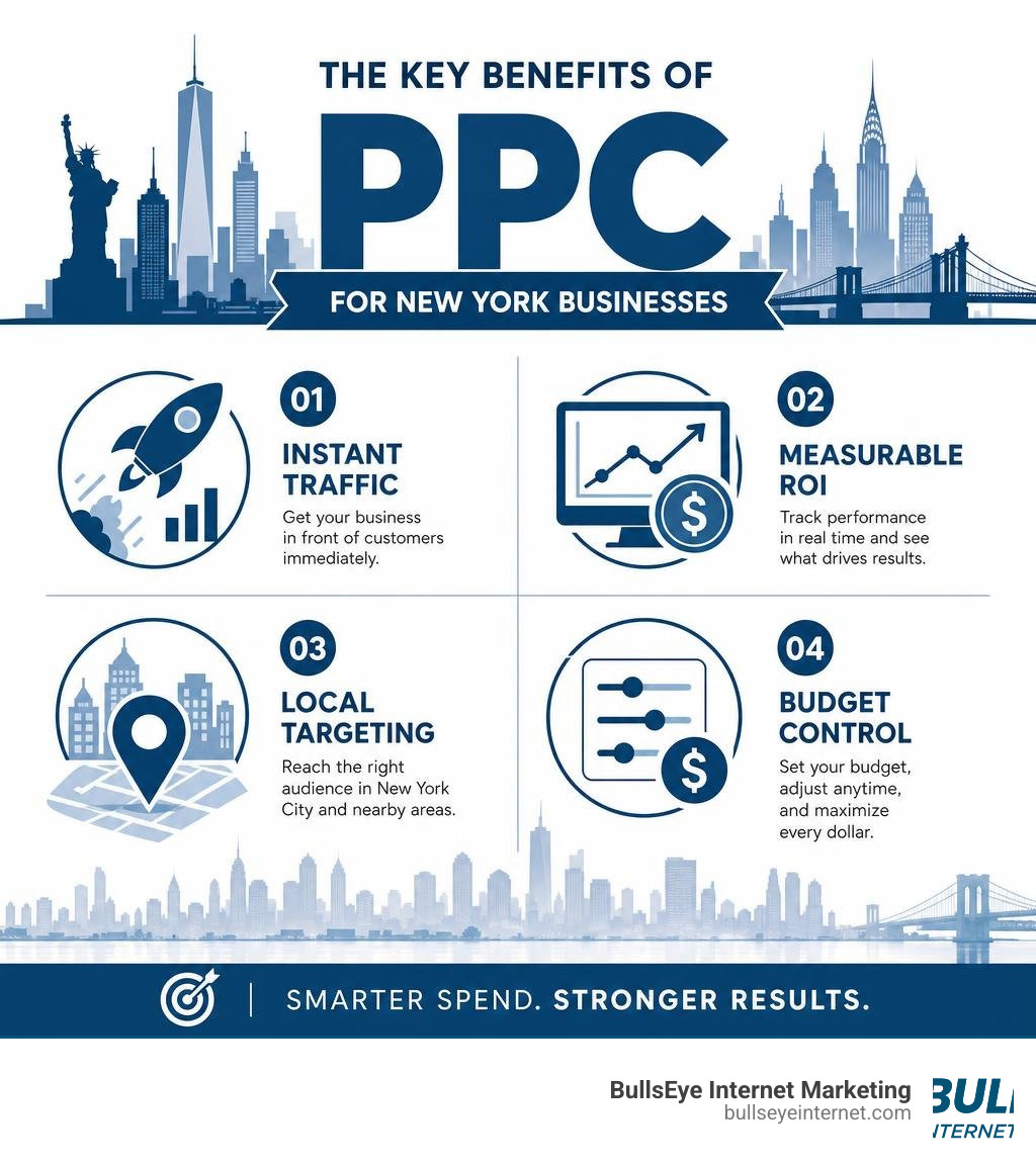 Infographic showing key benefits of PPC for New York businesses: instant traffic, measurable ROI, local targeting, budget Infographic showing key benefits of PPC for New York businesses: instant traffic, measurable ROI, local targeting, budget