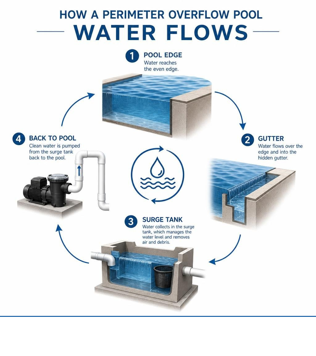 Infographic showing how water flows in a perimeter overflow pool system from pool edge to gutter to surge tank and back Infographic showing how water flows in a perimeter overflow pool system from pool edge to gutter to surge tank and back