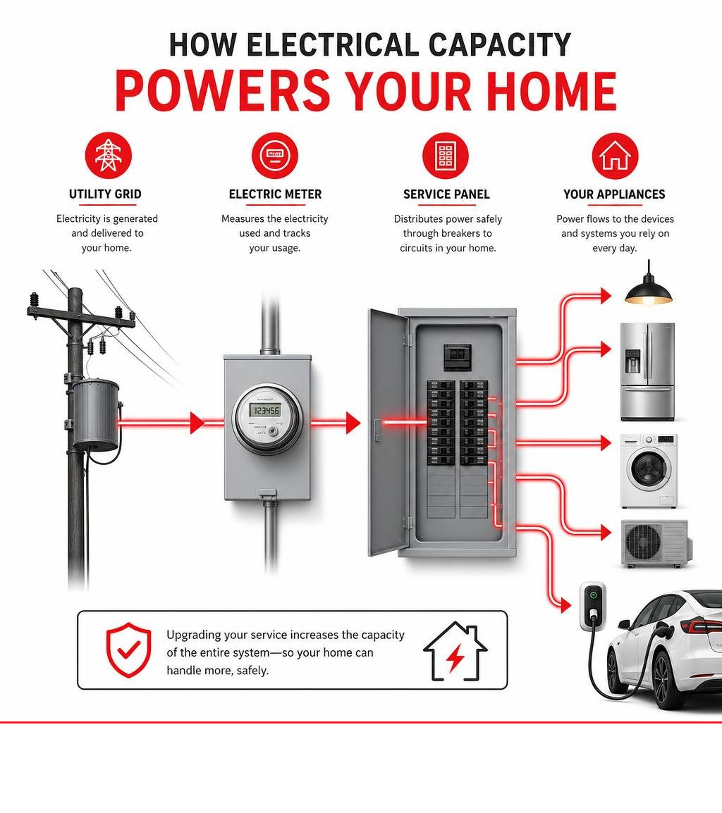 Infographic showing how electrical capacity flows from utility grid through meter and service panel to home appliances Infographic showing how electrical capacity flows from utility grid through meter and service panel to home appliances
