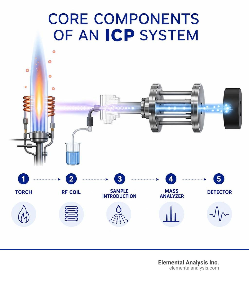 Core components of an ICP system: torch, RF coil, sample introduction, mass analyzer, detector infographic Core components of an ICP system: torch, RF coil, sample introduction, mass analyzer, detector infographic