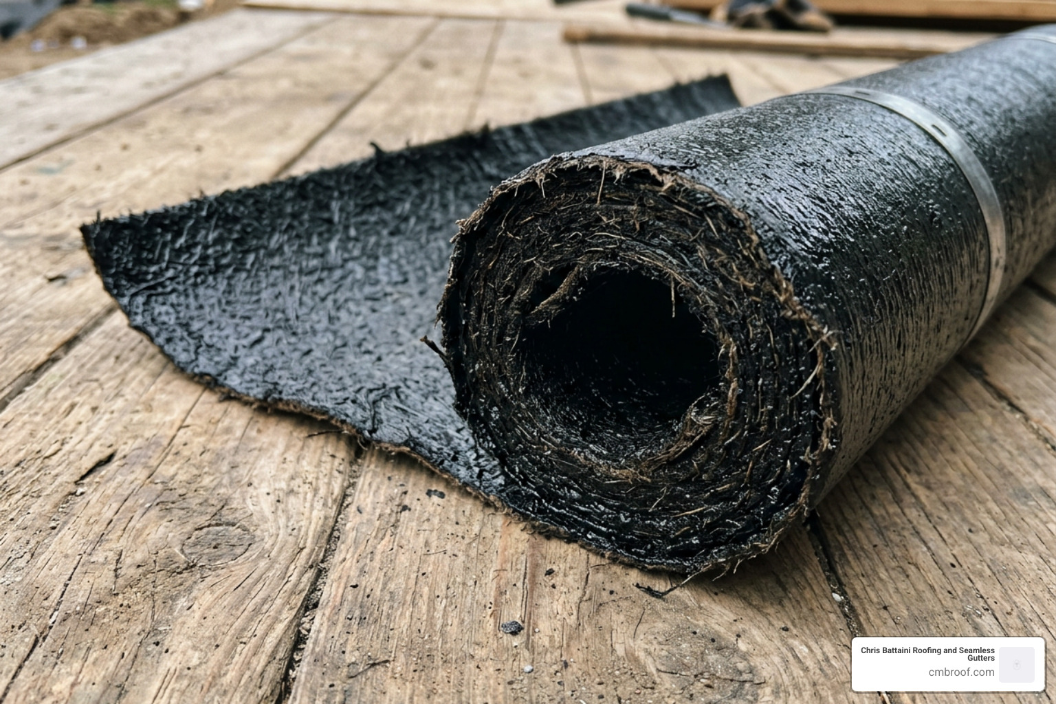 Close-up of a roll of tar paper showing its texture and asphalt saturation