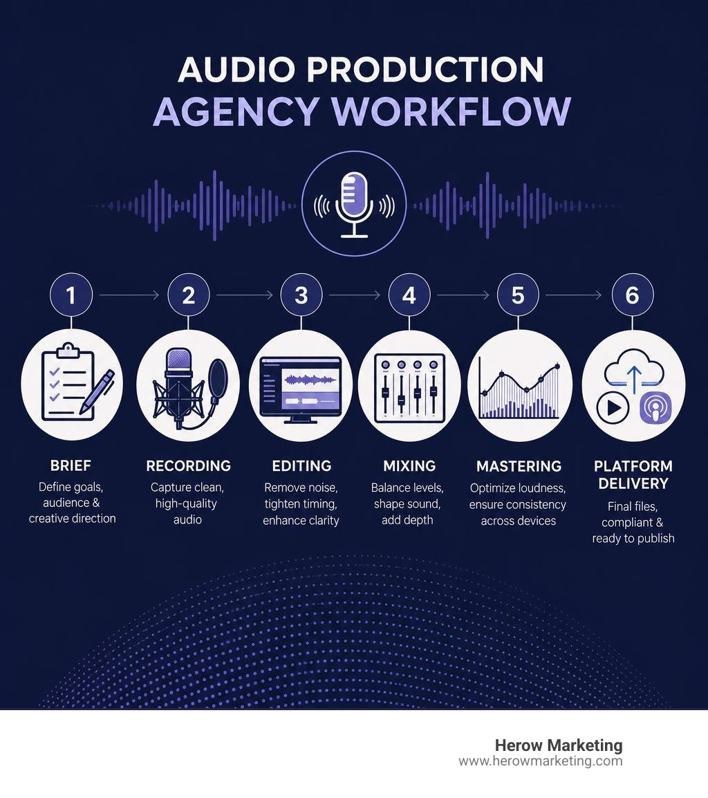 Audio production agency workflow: brief, recording, editing, mixing, mastering, platform delivery infographic