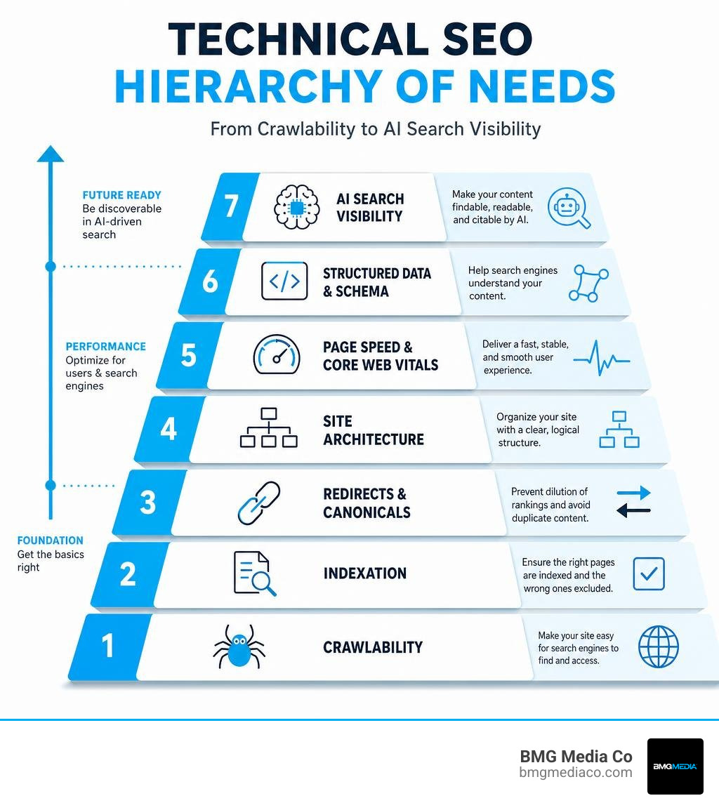 Technical SEO audit hierarchy of needs from crawlability to AI search visibility infographic