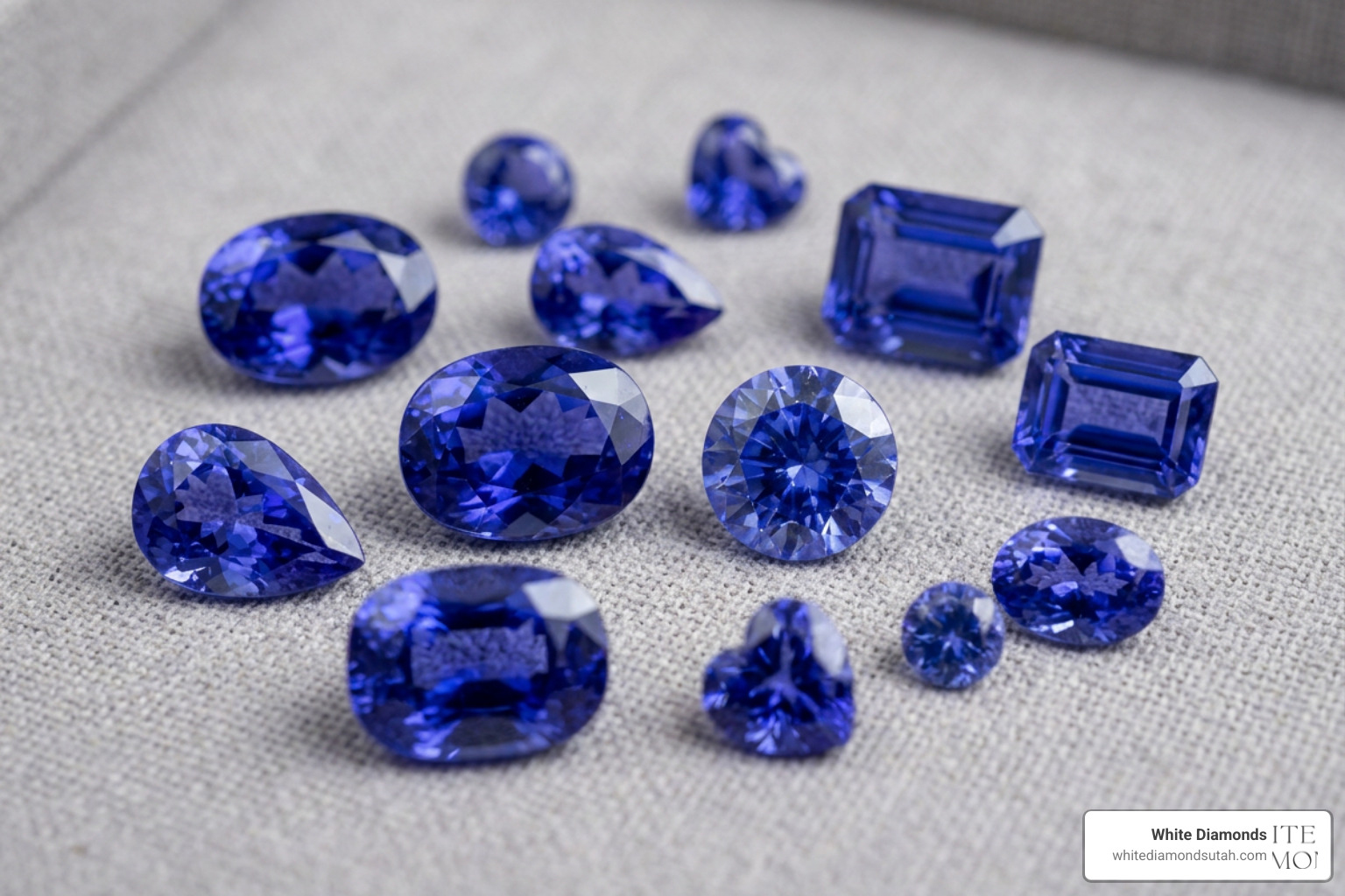 A selection of loose, deeply saturated tanzanite gemstones in various cuts A selection of loose, deeply saturated tanzanite gemstones in various cuts