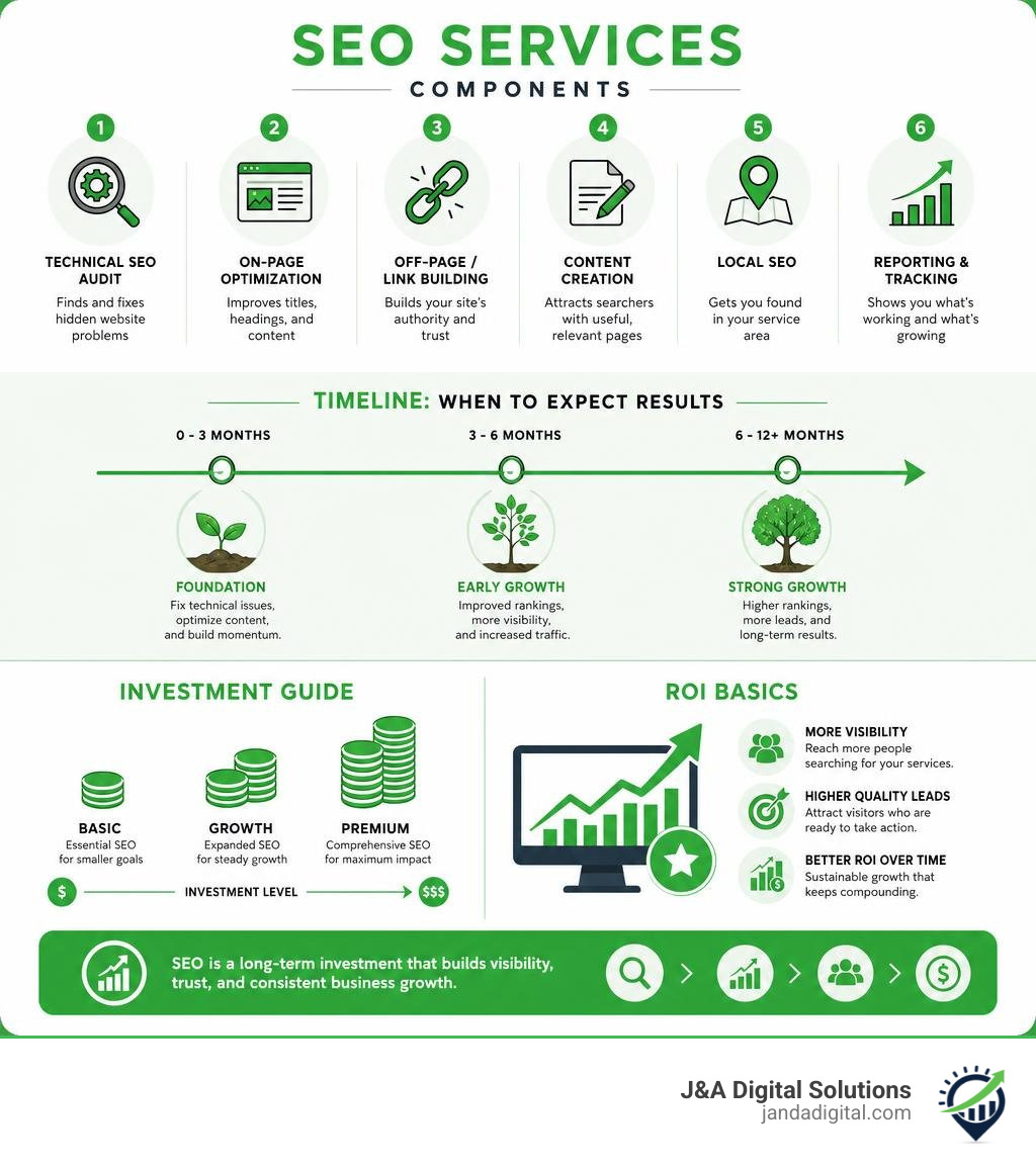 Infographic showing SEO services components timelines costs and ROI basics infographic