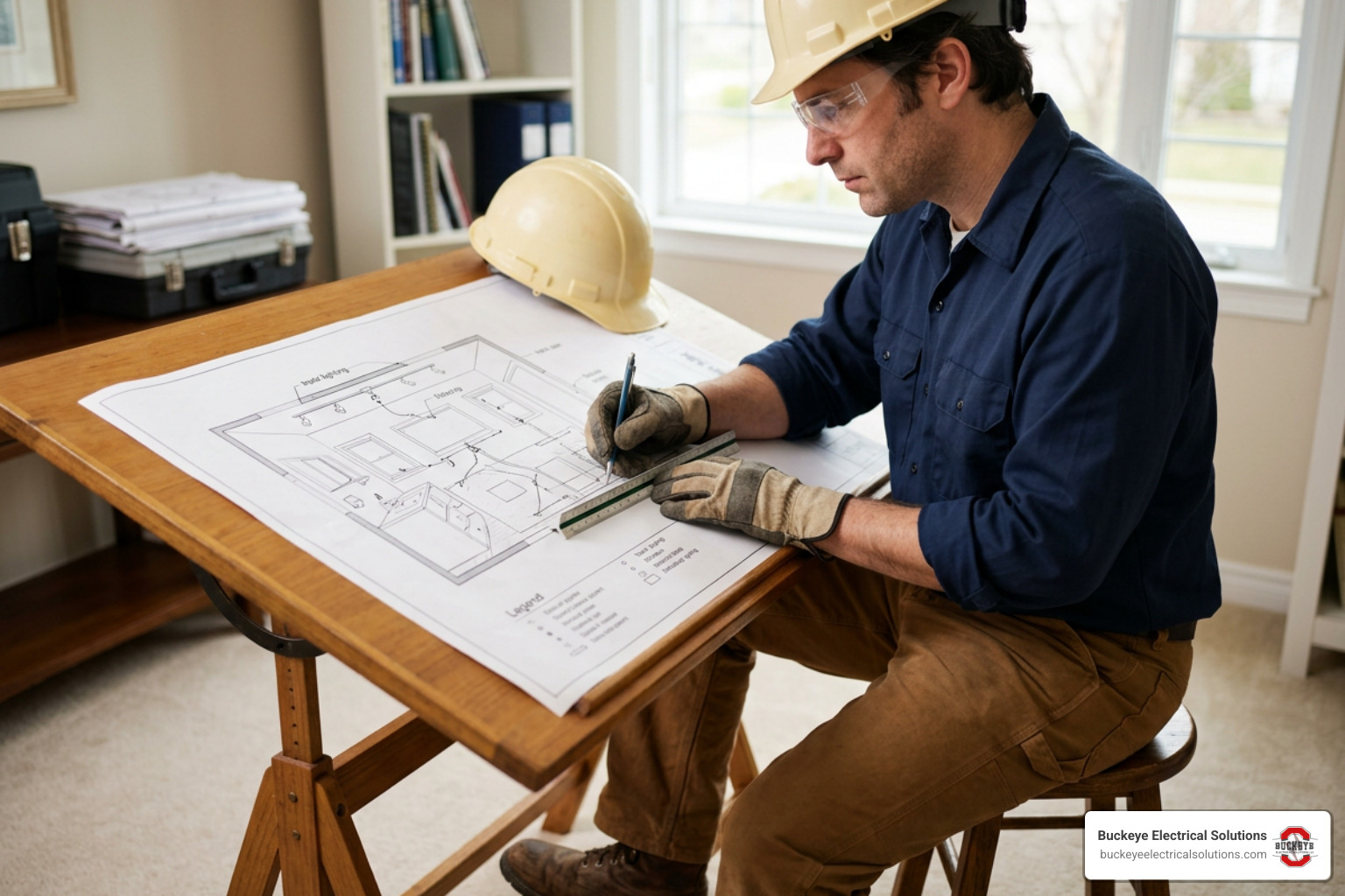 Ohio electrician planning a track lighting layout on a drafting table