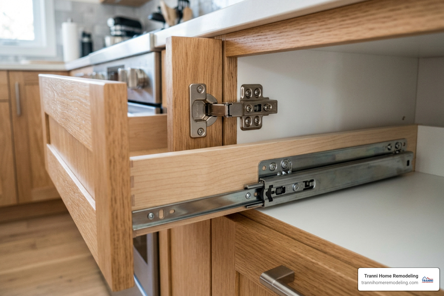 Close-up of premium soft-close cabinet hinges and drawer hardware