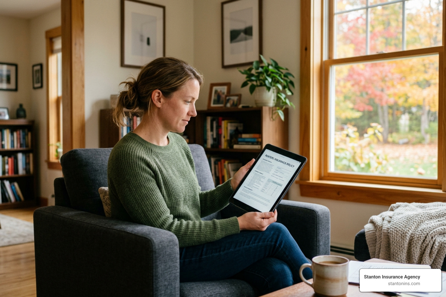 A tenant in New Hampshire reviewing their renters insurance policy document on a tablet in their living room