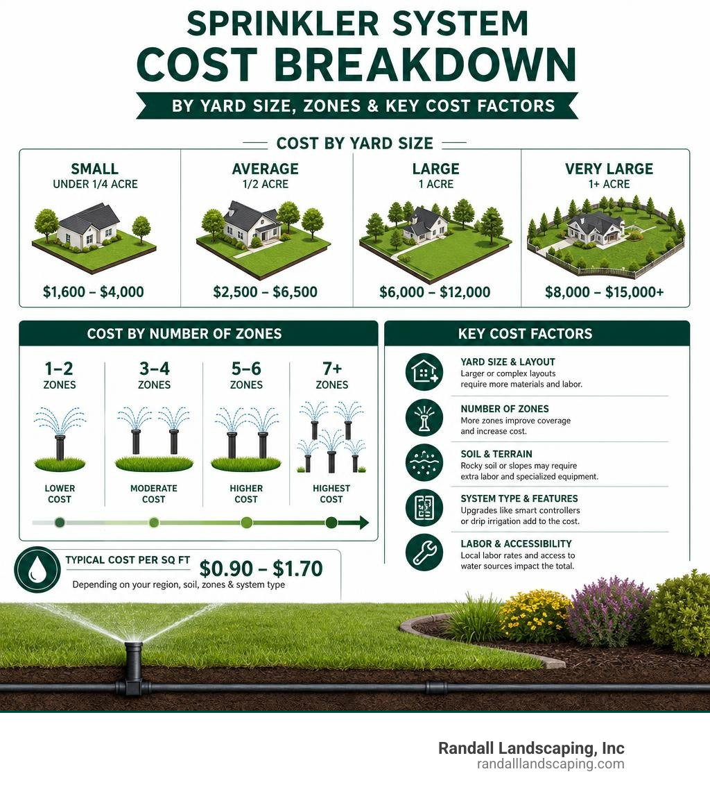 Infographic showing sprinkler system cost breakdown by yard size, zones, and key cost factors infographic