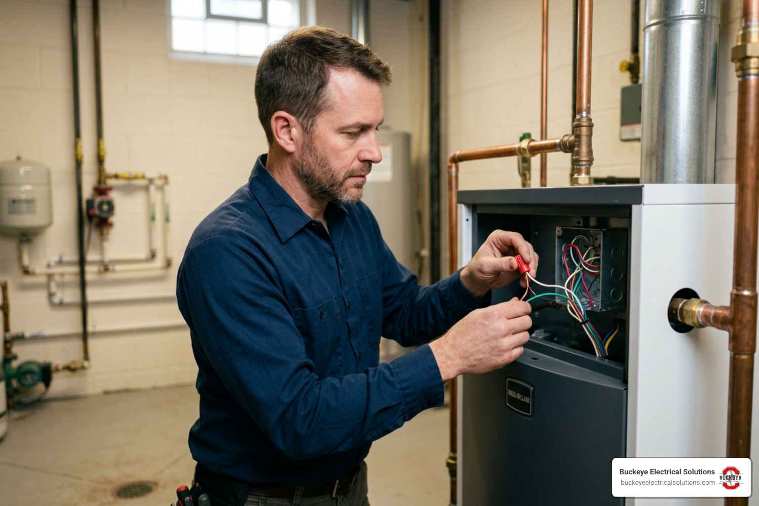 Northeast Ohio technician using two hands with wire nuts to connect thermostat wires inside a clean residential boiler room