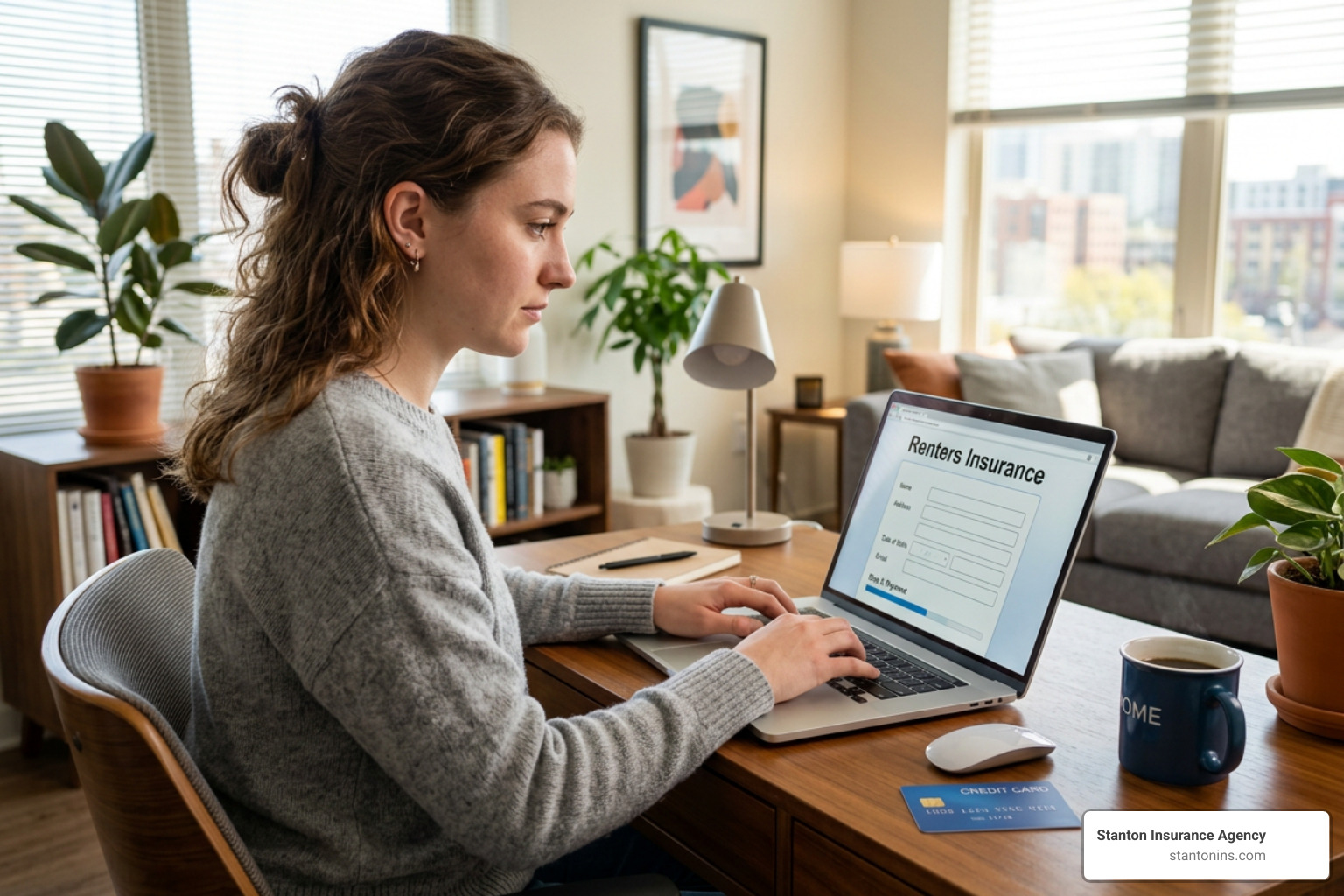 a person typing on a laptop with a credit card nearby to buy renters insurance online a person typing on a laptop with a credit card nearby to buy renters insurance online