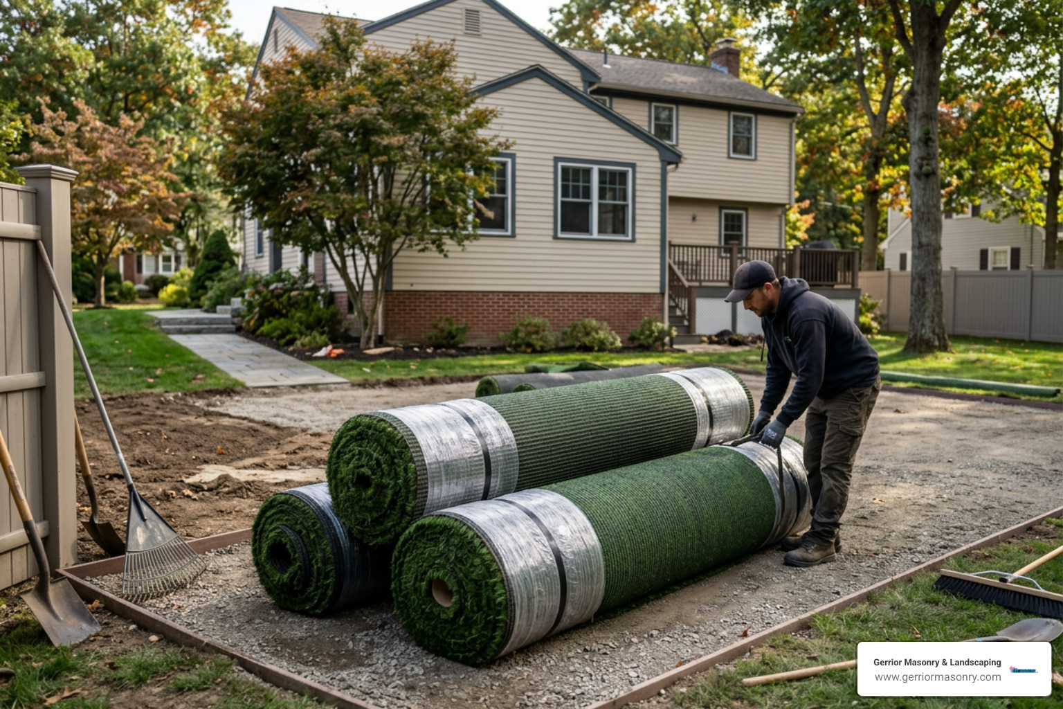 high-quality artificial turf rolls ready for installation in Woburn yard