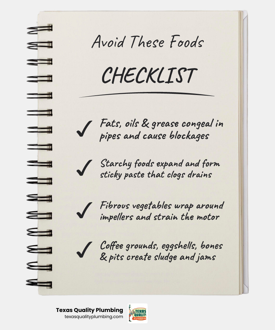Infographic showing 6 foods never to put in garbage disposal with brief reason for each infographic Infographic showing 6 foods never to put in garbage disposal with brief reason for each infographic