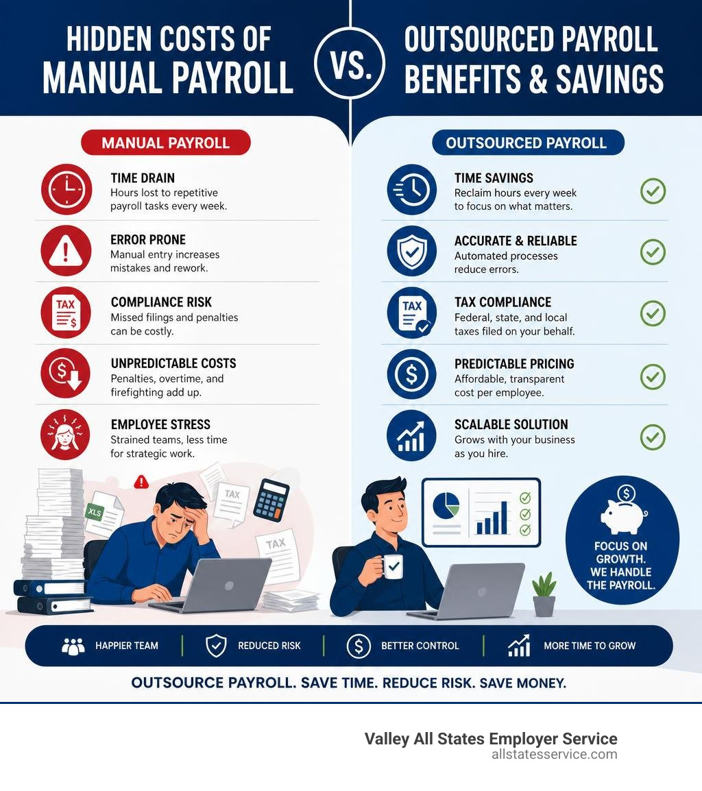 Hidden costs of manual payroll vs outsourced payroll solution benefits and savings infographic Hidden costs of manual payroll vs outsourced payroll solution benefits and savings infographic