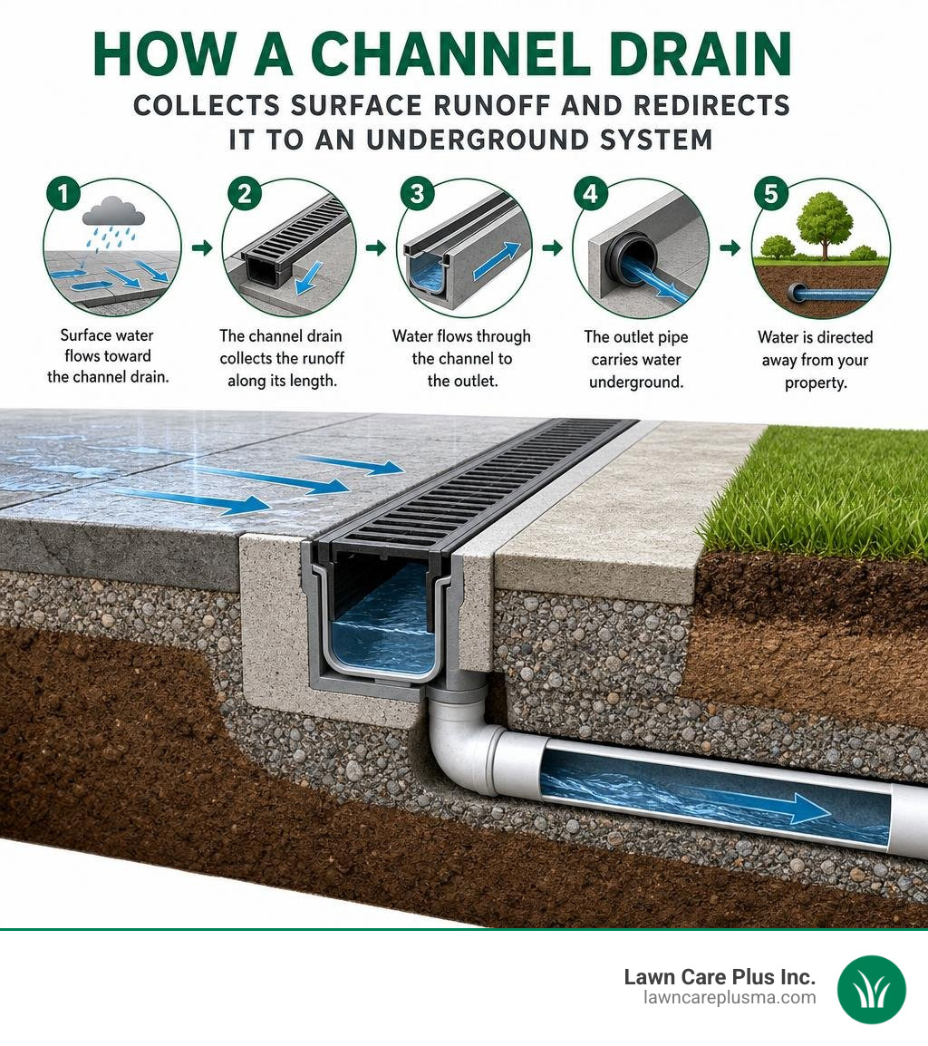 Infographic showing how a channel drain collects surface runoff and redirects it through an outlet pipe to an underground Infographic showing how a channel drain collects surface runoff and redirects it through an outlet pipe to an underground