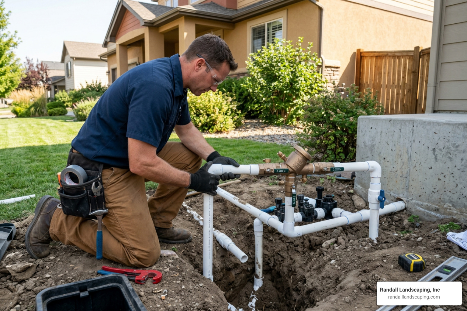 Plumber dry-fitting PVC pipes for backflow preventer installation Plumber dry-fitting PVC pipes for backflow preventer installation