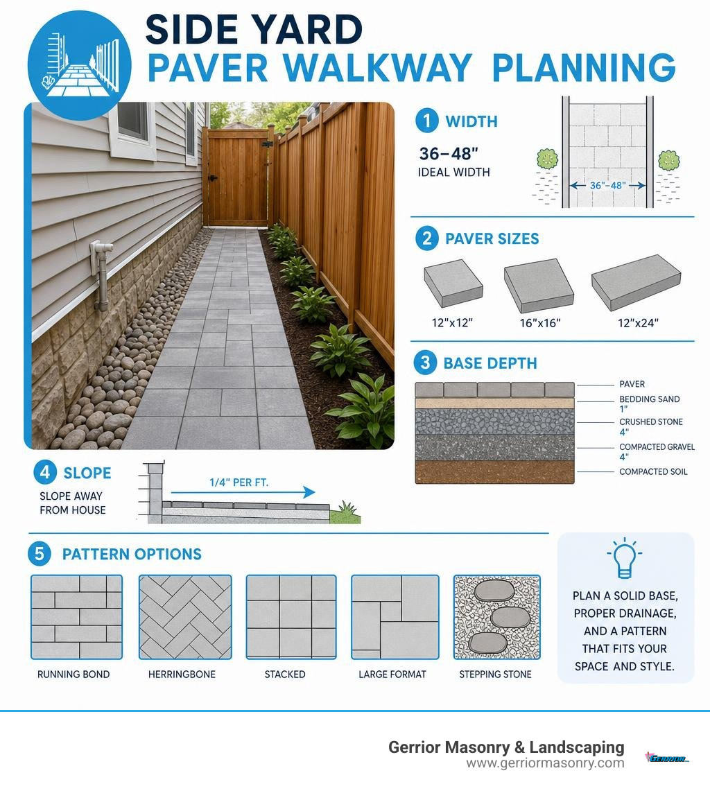 Infographic showing side yard walkway planning: width 36–48 inches, paver sizes, base depth, slope, and pattern options
